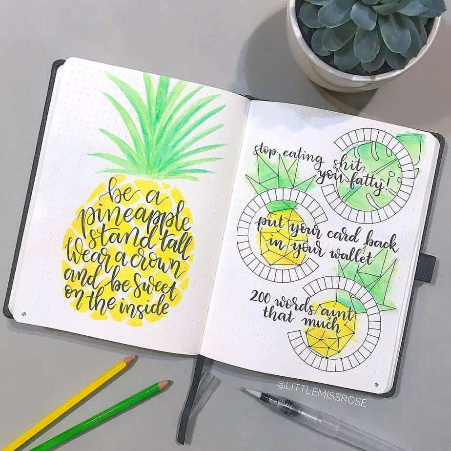 pineapple design bujo idea - healthy eating and savings spread