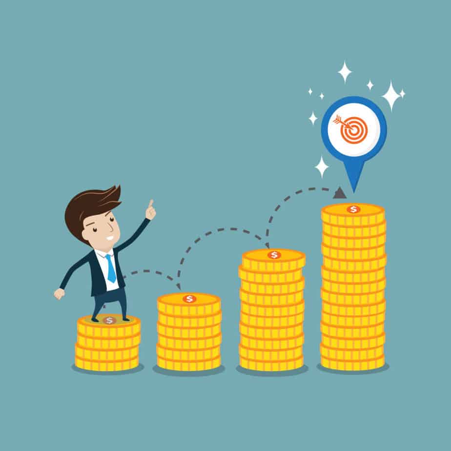 Businessman standing on coin step and pointing to target vector - easy beginner budget plan