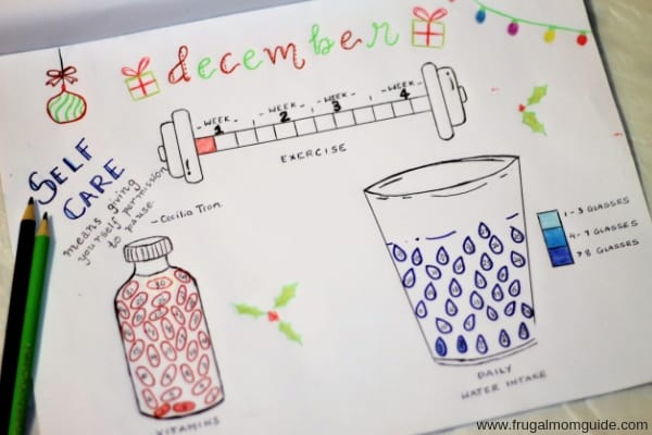 self care bullet journal idea to track exercise, vitamins and water intake