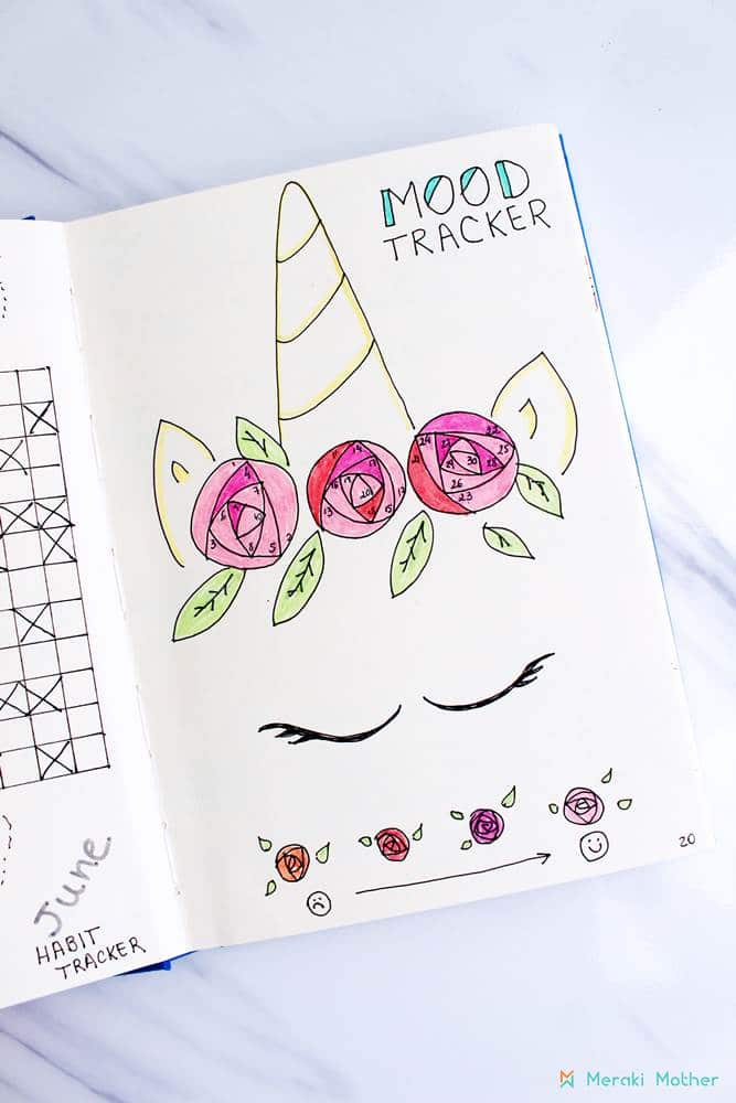 bullet journal ideas - unicorn themed mood tracker