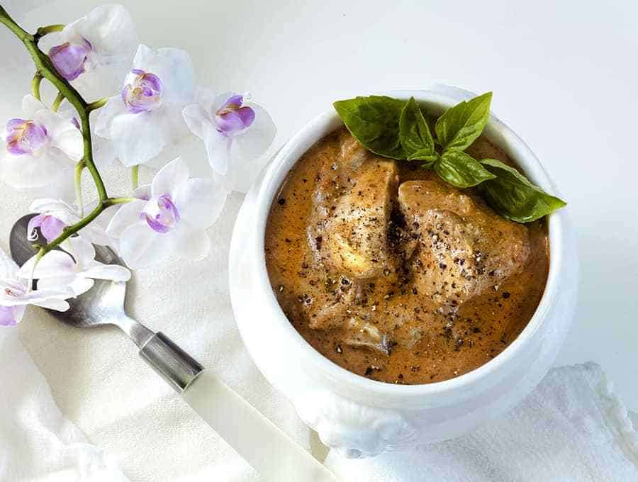 creamy pesto chicken in a bowl - cheap keto meals