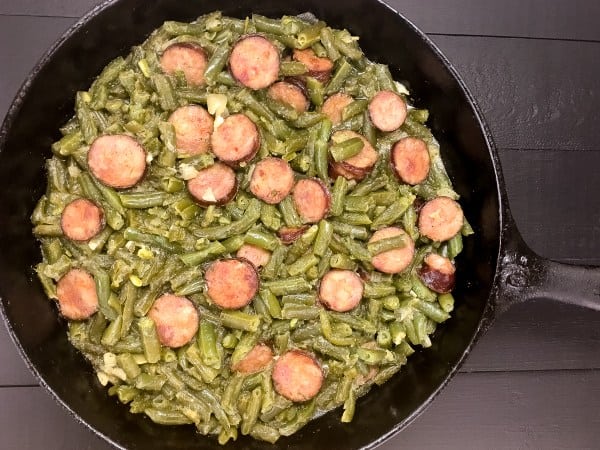 green beans and sausage in a pan - cheap keto meals