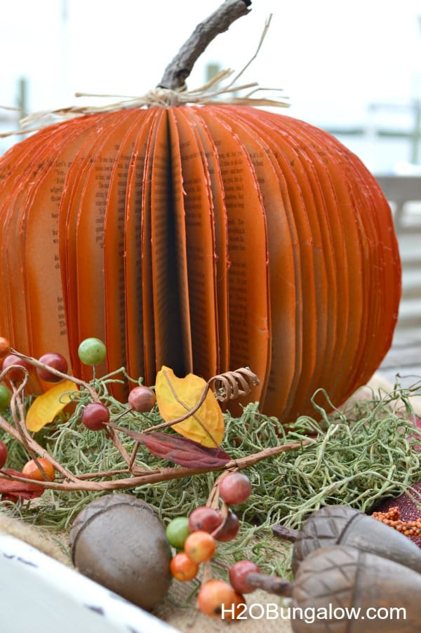 diy fall decor - orange pumpkin made from book pages