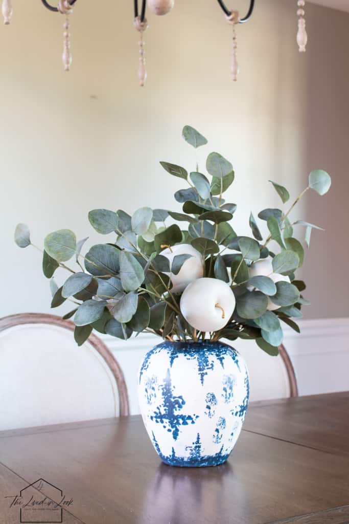 fall decor - blue and white vase with faux apples