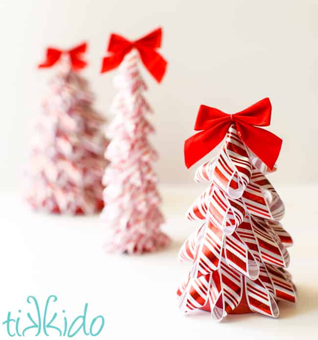 DIY Christmas Decor Projects - red and white ribbon christmas trees