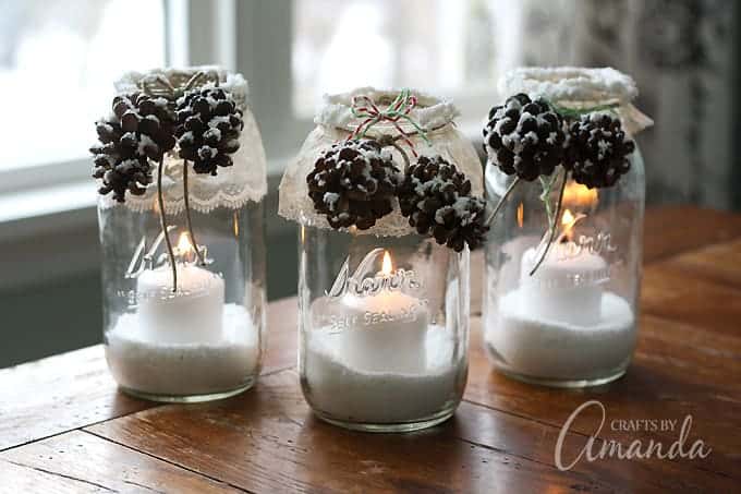 DIY Christmas Decorations - snowy mason jars candle holders