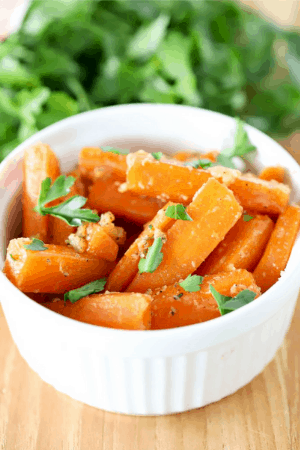 sugar glazed carrots in white bowl