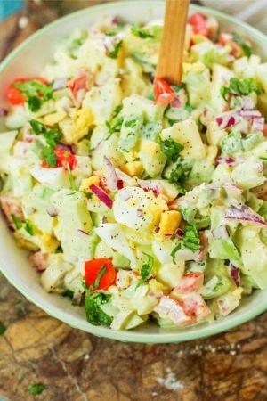 egg salad in a bowl - cheap thanksgiving side dishes