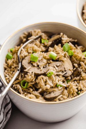 mushroom rice in bowl - cheap thanksgiving recipes