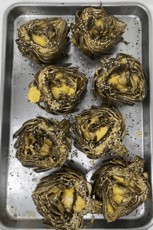 artichokes in baking dish