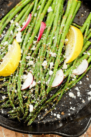 asparagus and other ingredients in pan