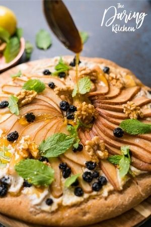 pear flatbread with various toppings