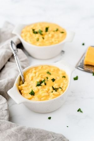 two bowls of sweet potato mac and cheese