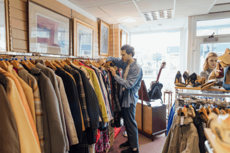 consignment shop with clothes, shoes, guitar etc