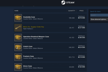 screenshot of steam items for sale