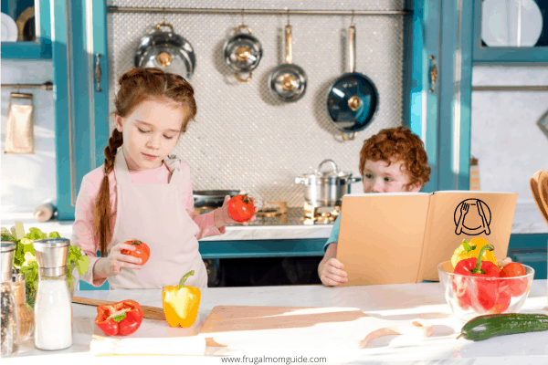 free books for kids by mail - children with a cookbook in a kitchen