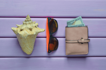 wallet with sunglasses ad sea shell