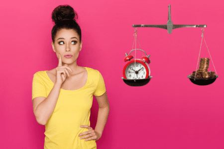 how to get rich in 24 hours - woman thinking about time and money