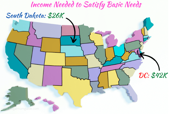 Map showing the states with the lowest needed salary and the highest needed salary to satisfy basic needs