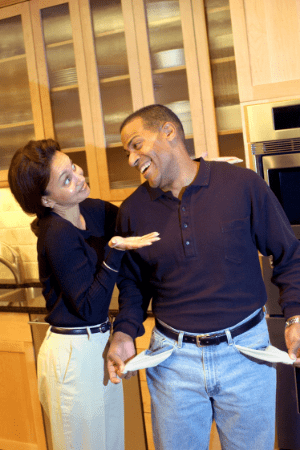 free money now - woman asking man for money and smiling