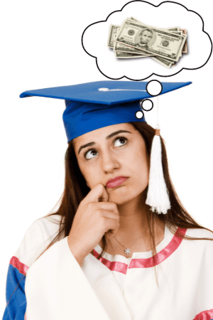 monetary graduation gift - young woman in graduation gown thinking about money