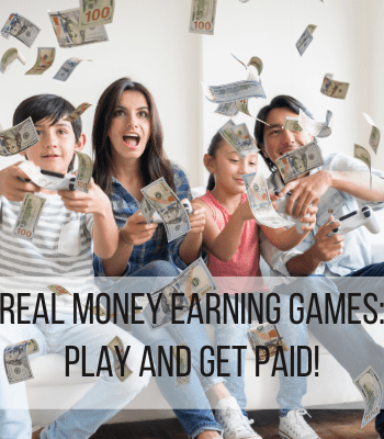 real money earning games feature - family playing video games and money raining down