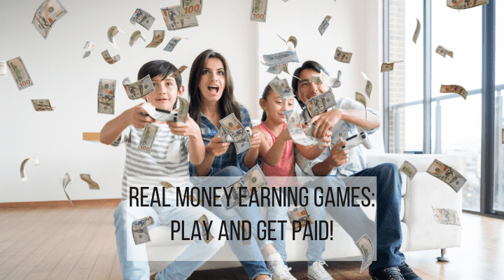 real money earning games feature - family playing video games and money raining down