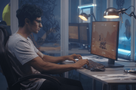 teenaged boy playing real money games on desktop