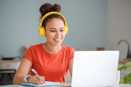 woman working on laptop at home