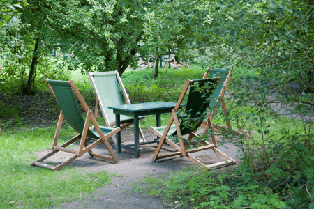 shady seating when landscaping a slope on a budget