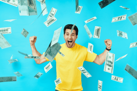man with raining money from six figure affiliate marketing
