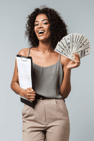 woman with cash from affiliate marketing