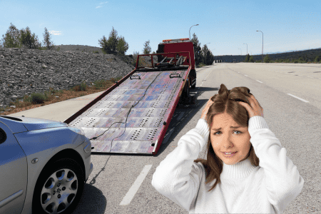frustrated woman and cheap tow truck