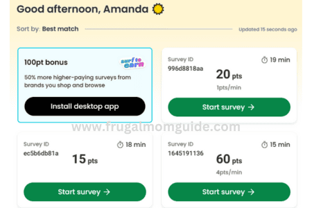 screenshot of surveys on survey junkie