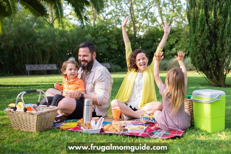 family of four having a picnic