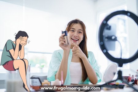 influencer selling makeup with graphic of frustrated woman