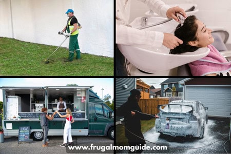 side hustles - man with grass trimmer, food truck, car wash, hair dresser